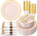 350PCS Pink Disposable Plates - Pink Plastic Plates 50Guests Plastic Dinnerware Sets with Rolled Napkins for Wedding/Birthday/Baby shower/Easter