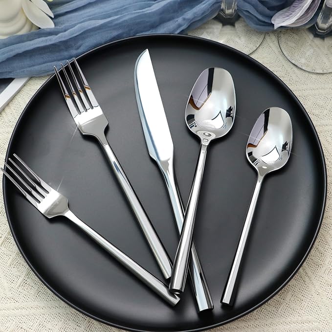 Silverware Set 40-Piece Hand Forged Stainless Steel Cutlery, Mirror Silver Thick Hexagon Handle Flatware Sets, Service for 8