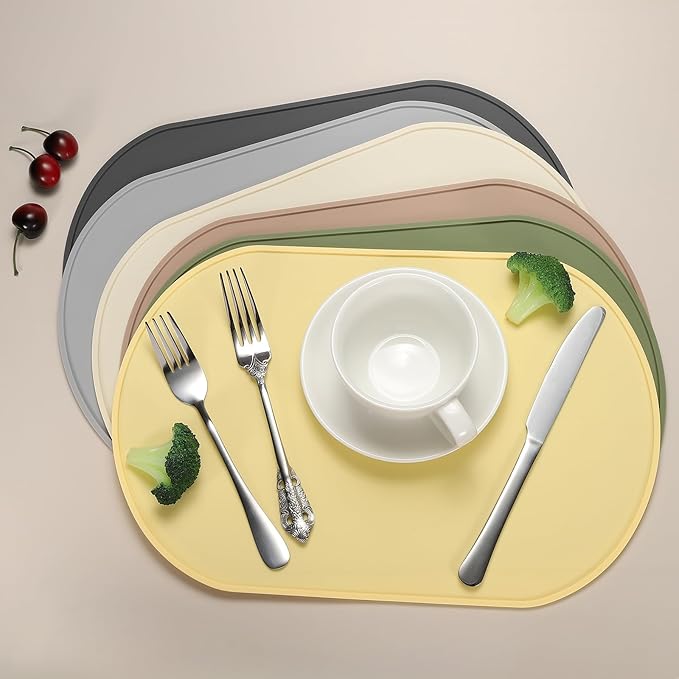 uxcell 2 Pcs Oval Silicone Placemat, 15.4" x 10.4" Non-Slip Washable Table Placemats Heat Resistant Waterproof Mat with High Edge for Table Kitchen Desk Protection, Dark Gray