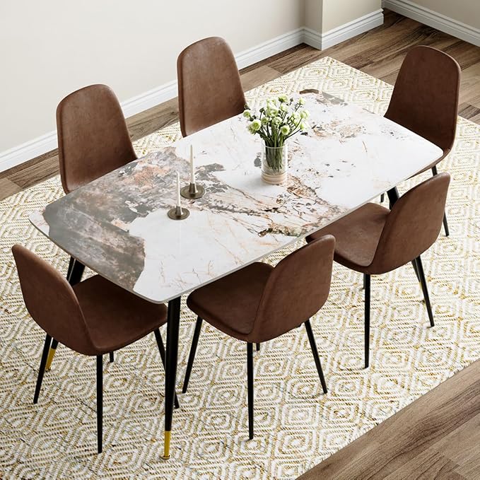 Dinner Table Set for 6, Sintered Stone Kitchen Table Top and Modern Chairs Set of 6 for Kitchen Dining Room