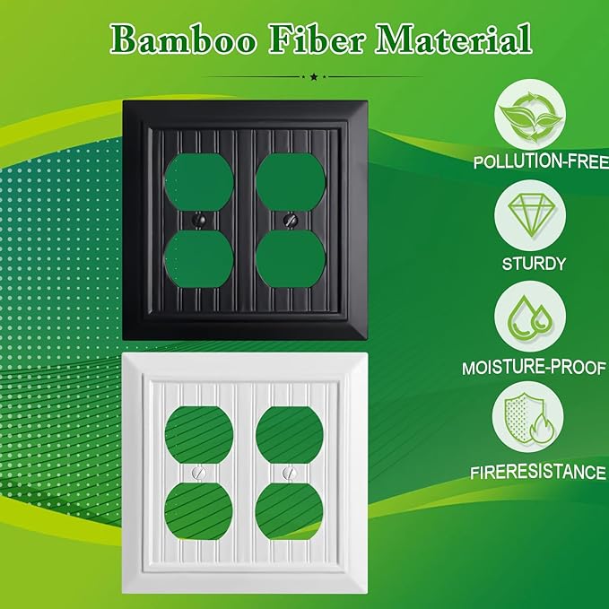 Beadboard Outlet Covers Wall Plates, Bamboo Fiber Light Switch Covers, Natural Material Electric Receptacle Decorative Switch Plate Outlet Cover Matte Black (2 Gang Duplex 2 Pack)