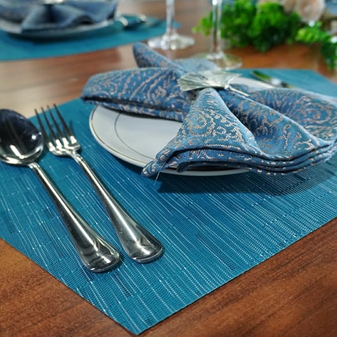 Red-A Woven Vinyl Placemats for Dining Table Durable Heat Resistant Washable Placemats for Round Table,Placemats Set of 4,Blue