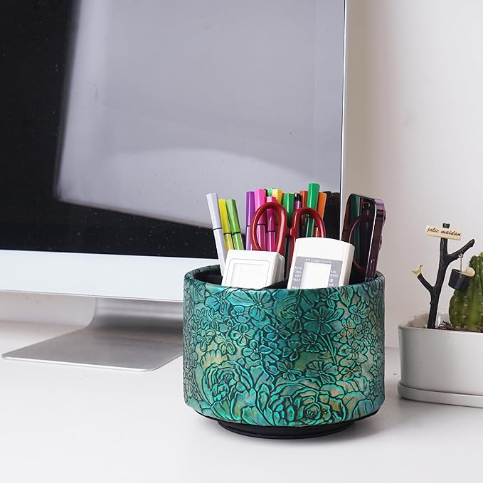Round Leather Art Supply Organizer,Remote Control Holder,360 Degree Spinning,Multi-Functional Pencil Holder,4 Compartments Desktop Stationary Organizer(1-Rich Flower Green)