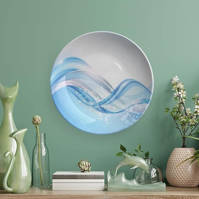 Ceramic Plates, Abstract Decorative Ceramic Plates, Modern Wavy Ocean Surfer Summertime Themed, 8 Inch, for Dining, Parties, Wedding, Pale Blue and White