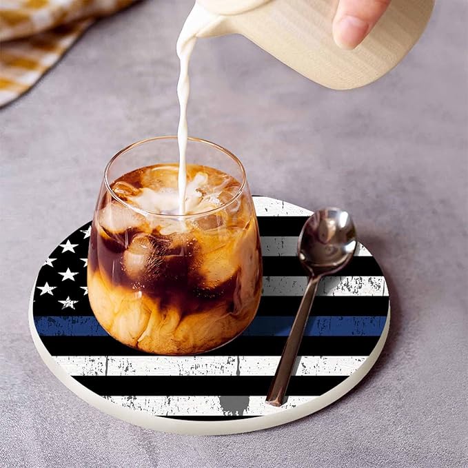 American Flag Table Coasters for Drinks Symbol of Support for Law Enforcement 100% Diatomite Home and Dining Room Bar Decor 4 X 4 X 0.35 Inch for Men Women
