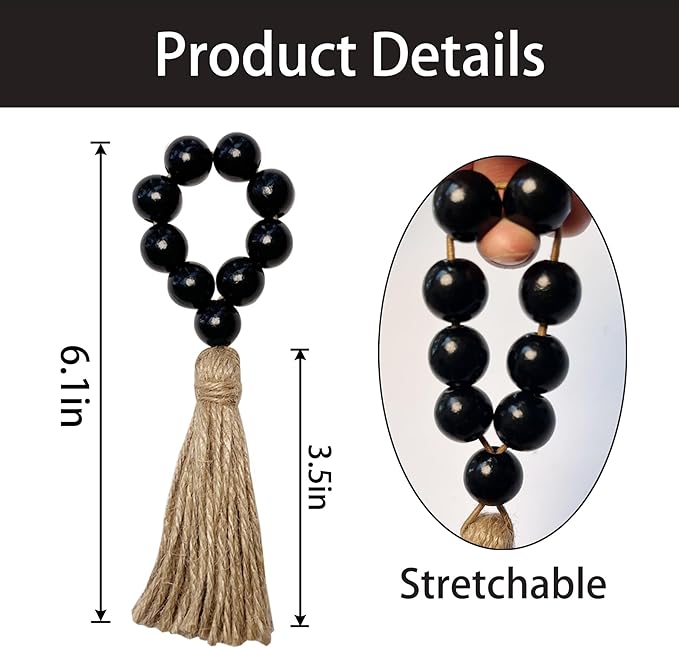 Napkin Rings Set of 12,Wooden Napkin Ring,Wood Bead Elastic Farmhouse Napkin Holder with Tassel,Boho Napkin Rings for Table Decor,Weeding,Dinner,Party (Black)