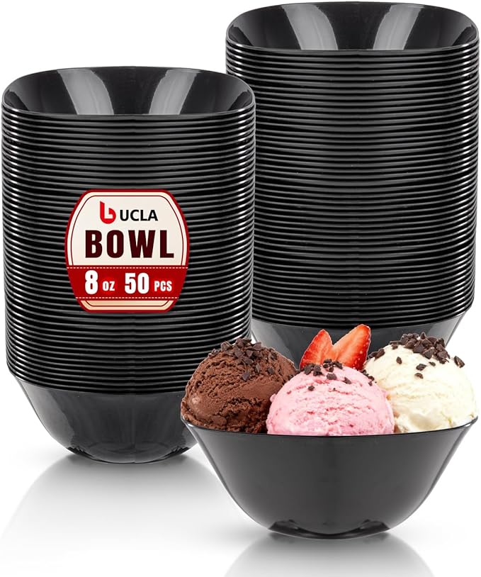 bUCLA 50Pack Black Plastic Small Bowls - 8oz Disposable Ice Cream/Salsa/Dipping/Dessert/Sauce/Candy/Small Serving Bowls for Party & New Year