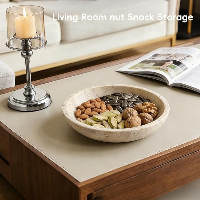 Marble Decorative Bowl for Kitchen Counter, Natural Travertine Serving Bowl with,Modern Display Bowl for Dining Table Centerpiece Home Decor(7.8 Inch)