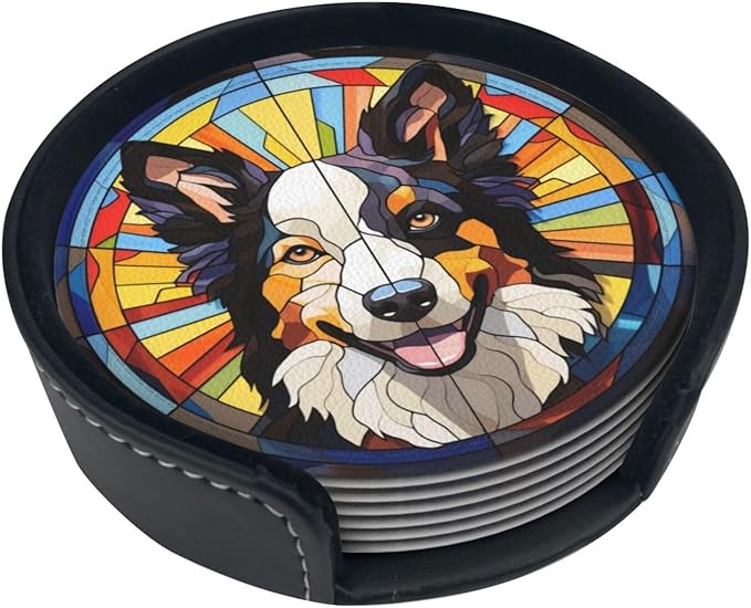 Drink Coaster Set of 6, Border Collie Dog Mom Lover Gift,Leather Drink Coasters with Holder,6 Pack Cup/Bar/Drink Coasters for Table/Drinks/Coffee Protection Housewarming Gift