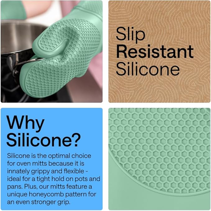 GORILLA GRIP BPA-Free Soft Silicone Oven Mitts, 14.5x8.3, Heat Resistant and Waterproof Cooking Gloves, Thick Cotton Lining, Flexible Gripping for Baking Grilling, Kitchen Potholders Set of 2, Mint