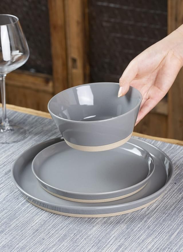 Famiware Saturn Dinnerware Sets for 4, 12 Pieces Stoneware Plates and Bowls Dish Set - Chip and Scratch Resistant, Microwave and Dishwasher Safe Tableware, Dark Gray