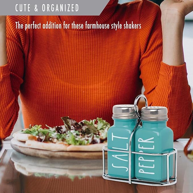 Turquoise Salt and Pepper Shakers Set, a cute teal premium glass shakers with holder and stainless steel lids, perfect for adding a modern kitchen decor charm, great as a gift.