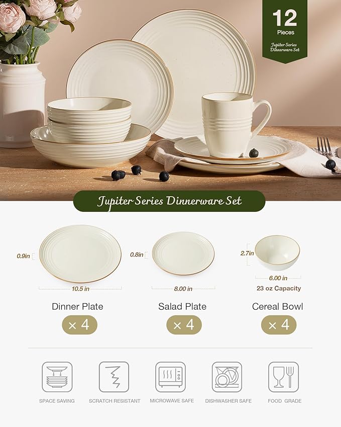 Famiware Jupiter Dinnerware Set, Plates and Bowls Dish Sets for 4 (12 Pieces), Microwave and Dishwasher Safe Stoneware Speckled Tableware, Chip and Scratch Resistant, Vanilla White