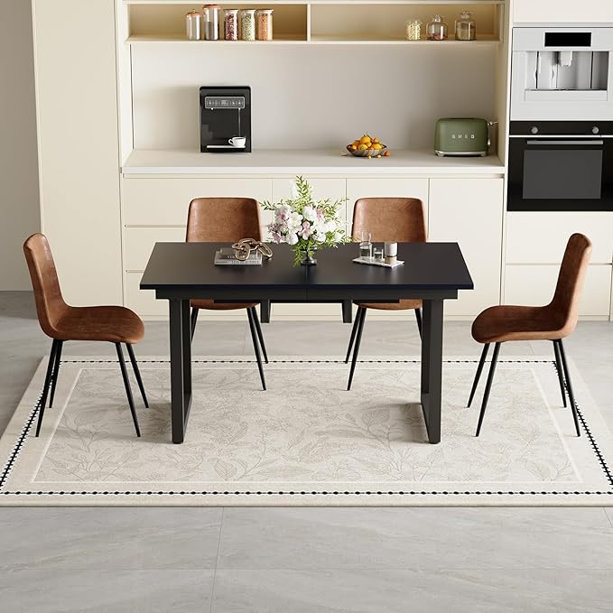 Extendable Dining Table Set for 4, 55"–71" Modern Black Kitchen Table with 4 Upholstered Chairs, Space-Saving for Living Room Apartment, Sturdy & Comfortable, Easy Assembly