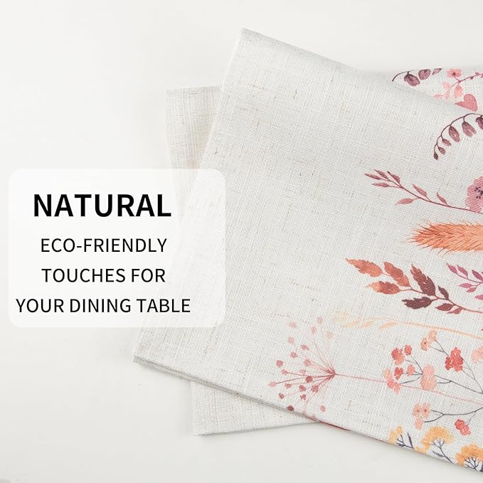 QIYI Boho Placemats Set of 6, 12x18 Inch Linen Fabric Floral Place Mats for Kitchen Dinning, Farmhouse Rustic Cloth Table Mats, Washable Placemat Party Table Décor, Autumn Wildflowers