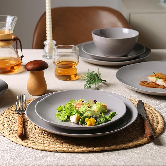 Dinnerware Sets for 4, 12 Pieces Stoneware Plates and Bowls Sets, Dishwasher&Microwave Safe,Modern Minimalist Tableware for Everyday Use, Grey