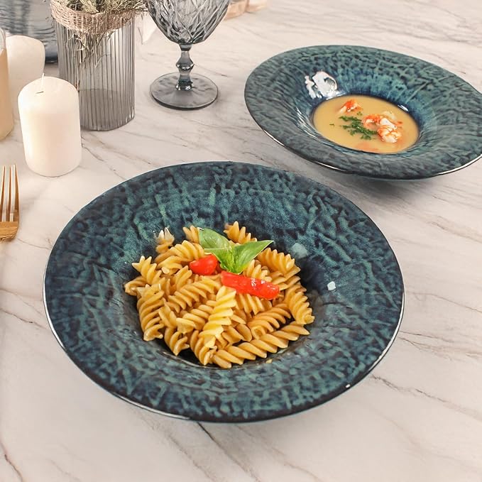 Ceramic Pasta Bowls, 12 oz Pasta Plates, Reactive Glaze Pasta Bowl Set of 4, Large Wide Serving Bowls for Salad, Dessert, Fruit, Microwave & Dishwasher, Oven Safe