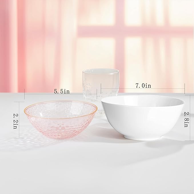 I00000 50 Pack 12 Ounce Pink Plastic Bowls Serving Bowls Hammered Clear Bowl with Gold Rimmed, Heavy Duty Disposable Bowl Set,Small Bowls for Valentine's Day Party