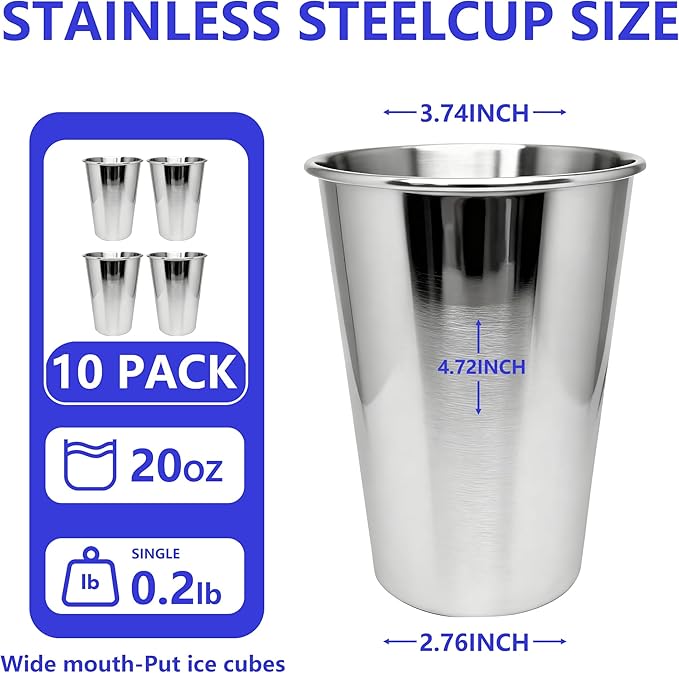 20PCS 20-OZ Tainless Steel Cups,Metal Cups, Stainless Steel Pint CupsStackable Unbreakable Drinking Glasses for Party, BBQ Camping, (10)