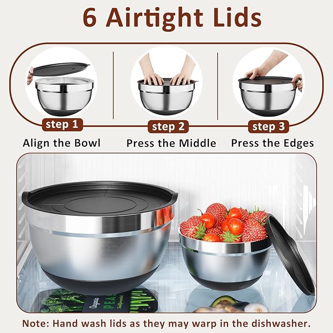 9 Pack Mixing Bowls with Airtight Lids Set, Stainless Steel Mixing Bowls with Grater Attachments, Nesting Kitchen Bowl Set with Non-Silp Bases, Size 7, 4, 3, 2, 1.5,1QT, Black