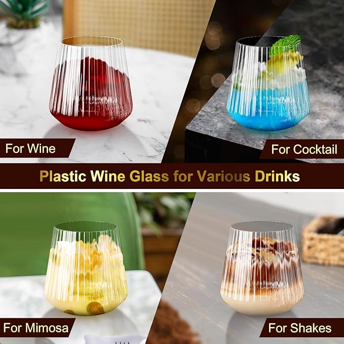 20 Pack Plastic Ribbed Wine Glasses, 14Oz Origami Disposable Wine Glasses Unbreakable Clear Plastic Cocktail Glasses Recyclable Shatterproof Reusable Wine Cups