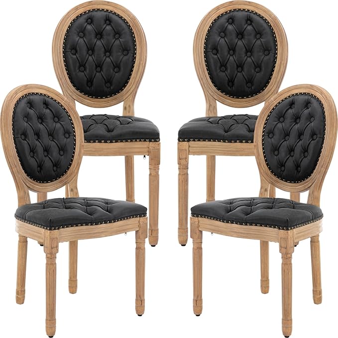 Vintage French Dining Chairs Set of 4, Round Back PU Leather Upholstered Side Chairs with Nailhead Trim and Solid Wood Frame, Sillas de Comedor for Dining Room & Kitchen, Black