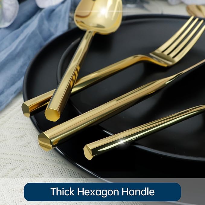 Silverware Set 45-Piece Stainless Steel Cutlery Set, Gold Hexagon Mirror Polished Flatware Serving Set, Service for 8