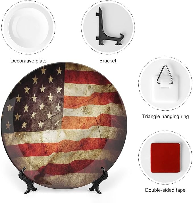 Decorative Plates, American Flag Print Ornament, Grunge Look Patriotic, 10 Inch, 1 Plate with 1 Display Stand, Multicolor