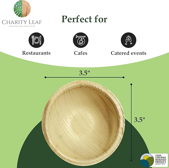 Charity Leaf Disposable Palm Leaf 3.5" Round Mini Bowl (25 pcs) Dipping Bowls | Bamboo Like| All Natural and Biodegradable | Charcuterie Boards, BBQs, and Parties