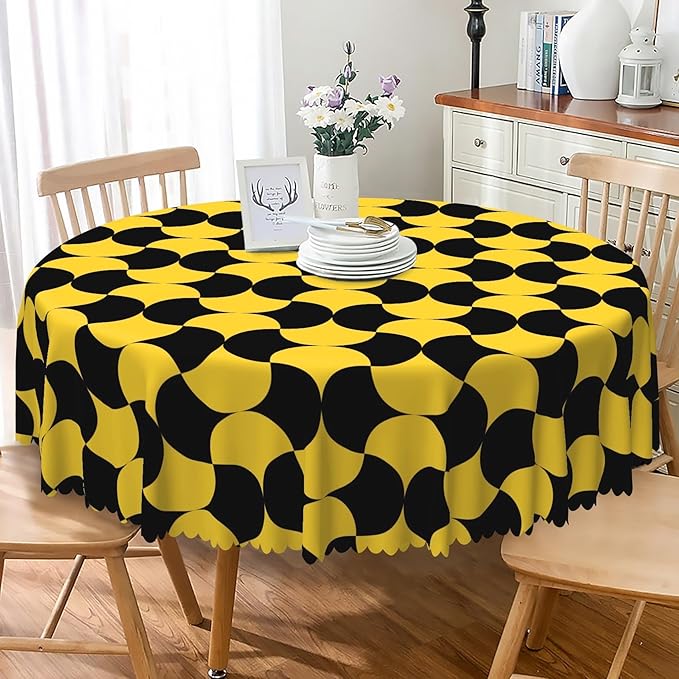 Laeacco 60 Inch Geometric Round Tablecloth Black and Gold Abstract Pattern Modern Art Print Table Cloth Washable Waterproof Wrinkle Free Table Cover for Kitchen Dining Picnic Party Decoration