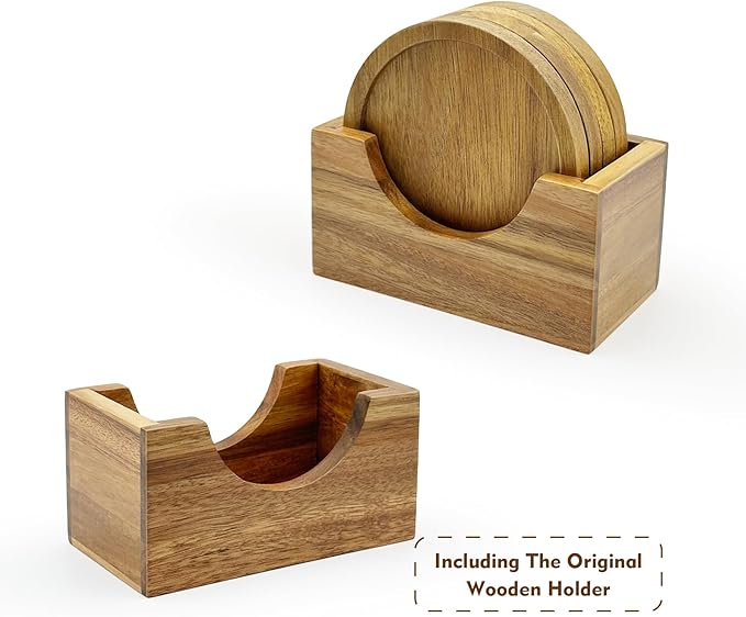 Acacia Wood Coaster Set of 4 with Holder, Non-Slip Heat-Resistant Wooden Coasters, Modern Decorative Coasters for Coffee Table, Dining Table & Kitchen Accessories