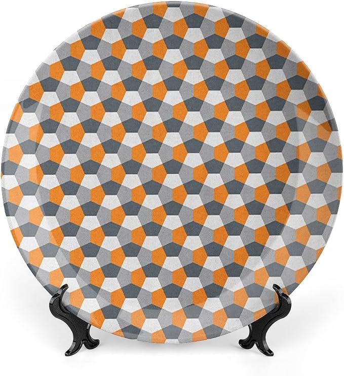 Ceramic Display Plate, Abstract Ceramic Hanging Decorative Plate, Modern Style Mosaic Tile with Hexagonal Shapes, 7 Inch, Living Room Kitchen Decoration Household, Grey Charcoal Grey Orange
