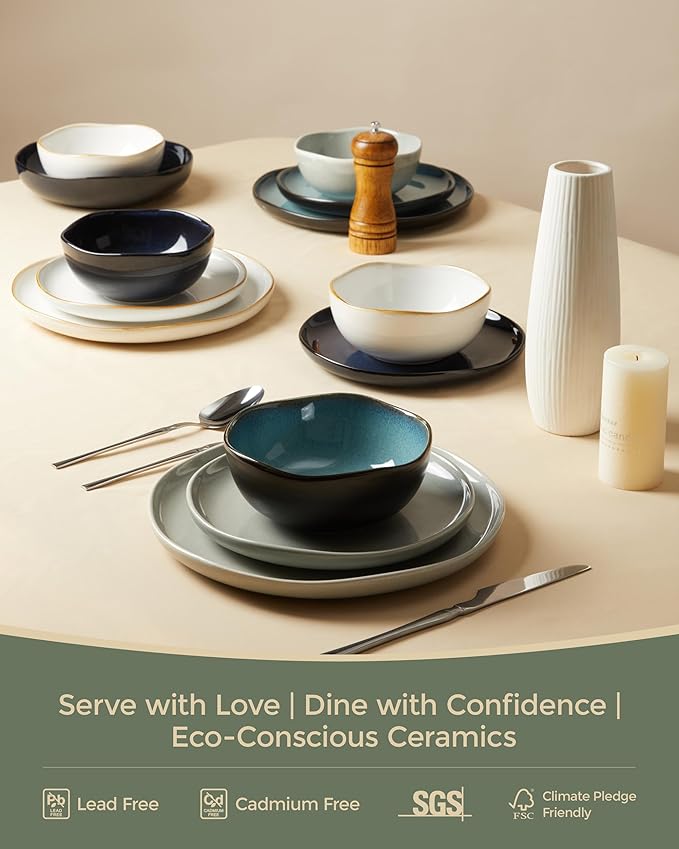 Ceramic Plates and Bowls Set, Everyday Dinnerware Set for 4, Wavy Rim Kitchen Dish Set, Chip Resistant Dishware Sets, Dishwasher Safe Dinner Set, Designed for Simple Meals, Gray Green