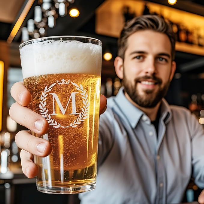 Personalized Beer Glasses Gifts for Men, 16 oz Pint Glasses Monogrammed A-Z Drinking Glass Cups Customized Gift, Unique Christmas Anniversary Birthday Gifts for Men Him Dad Brother Husband Grandpa (M)