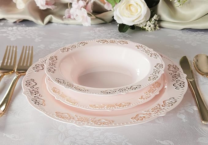 " OCCASIONS " 240 Plates Pack,(120 Guests) Vintage Wedding Party Disposable Plastic Plates Set-120x10.25'' Dinner +120x7.5'' Salad/Dessert Plate (Portofino Light Pink/Blush & Gold)