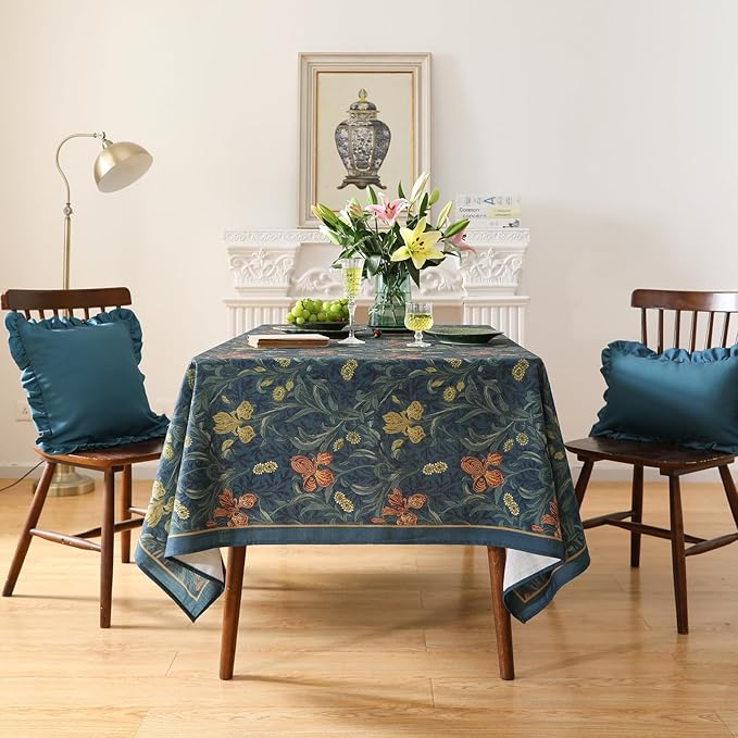 patdrea Designer Vintage Dark Blue Linen Rectangle Tablecloth,French Rustic Floral Pattern Tablecloths,Decorative Table Cover Cloth for Kitchen,Dining,Tea Party,Home,Christmas,63"*94"