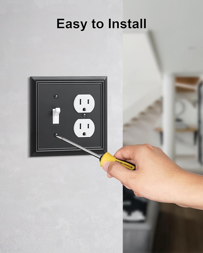 2-Pack Combo Toggle/Duplex Light Switch Cover Plate, Matte Black Outlet Cover Plate, Natural Bamboo Fiber Decorative Wall Receptacle Cover for Electrical Outlets, Light Switch