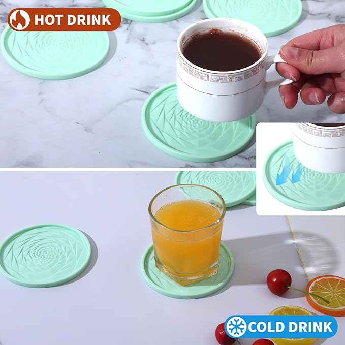 Silicone Coasters Set of 6 with Holder, Unique Rose Petal Design, Drink Coasters for Table Protection, Cup Mat for Hot-Cold Beverages, Modern Non-Slip, Non-Stick Design, Ideal Gift(6 Pack, Mint Green)