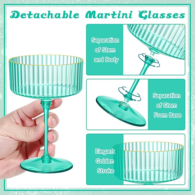 XUWAIDSGN 24 Pcs Champagne Martini Glasses 9 Oz with Gilded Removable Gold Rim Coupe Glasses Pink Martini Glasses Plastic Mimosa Vintage Coupe Glasses Set For Wedding Anniversary (24, Teal)