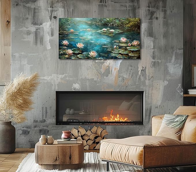 ADJUVANT Wall Art Impressionist Water Lily Pond 48" L x 24" W, Lotus Flower Canvas Painting Nature Artwork Green Water and Pink Blooms Prints Wall Decor for Living Room Bedroom Study Home Office