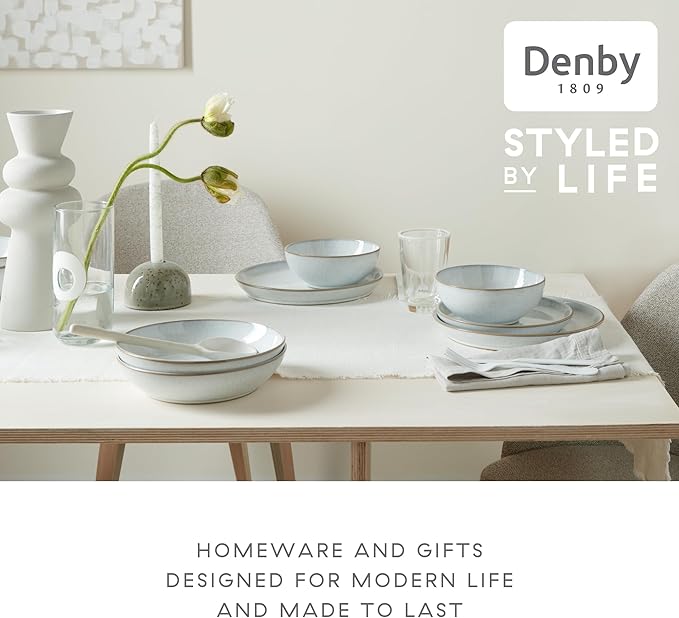 Denby - White Speckle Cereal Bowls Set of 6-27.7oz Dishwasher Microwave Safe - Scratch Chip Resistant - Reactive White Glaze, Neutral, Ceramic Stoneware - Tableware for Oats, Cereal, Desserts