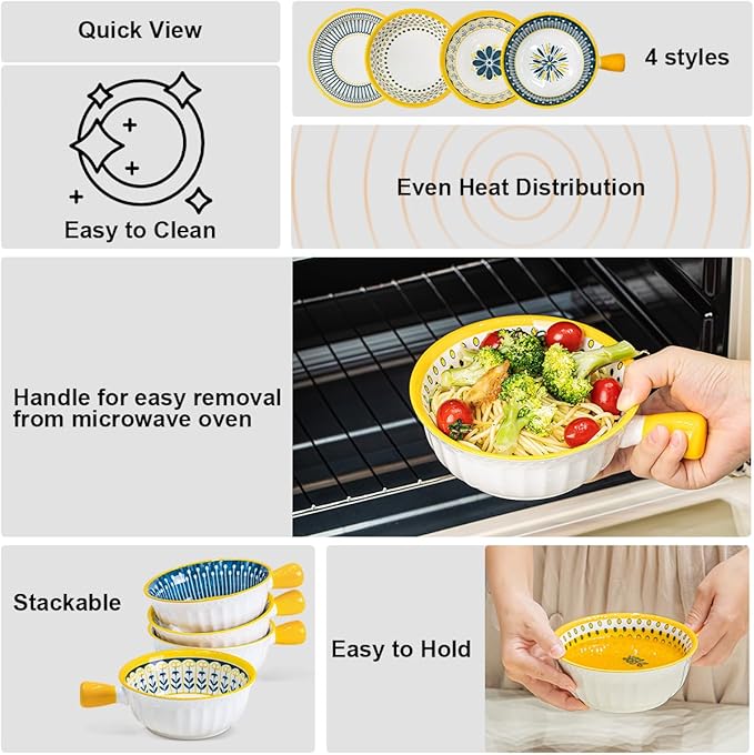Yeacccng Soup Bowls with Handles, 23 Oz French Onion Soup Bowls Set of 4, Ceramic Soup Bowl for Kitchen, Oven/Microwave Bowls, 6 Inch Ceramic Soup Crocks, Cute Bowls, Scratch-Resistant, Lead-Free