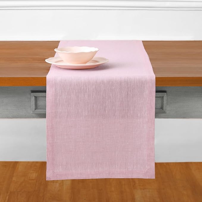 Solino Home Linen Small Table Runner 60 Inches - Athena, 100% Pure Linen Bubblegum Pink Table Runner 14 x 60 Inch Ideal for Dresser and Coffee Tables - Valentines, Spring, Easter