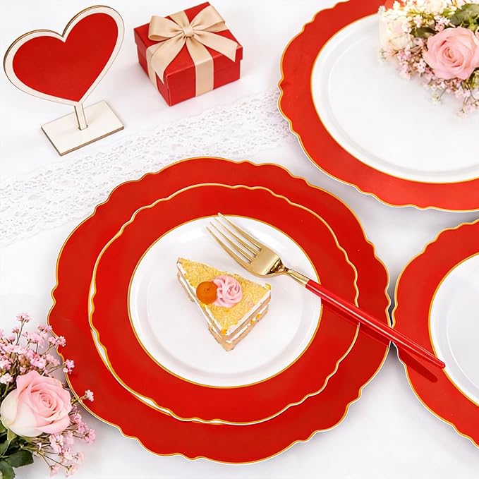 WDF 60pcs Red Valentines Plates Disposable - 7.5inch Heavy Duty Red Dessert/Salad/Cake Plates for Valentine's Day