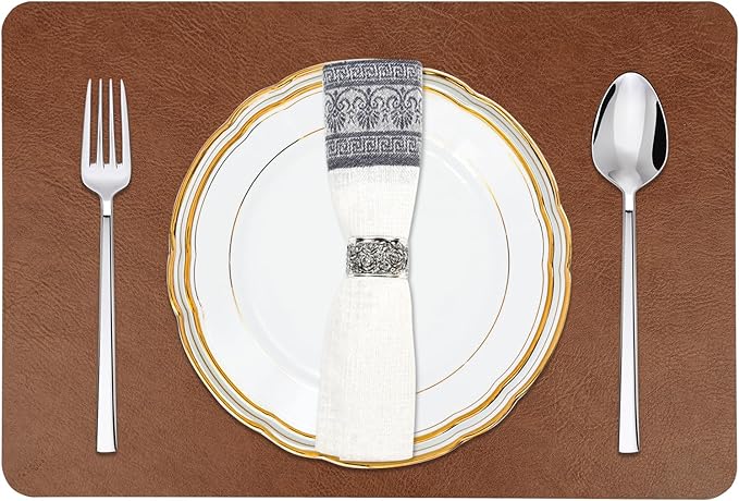 Cowhide Pattern Faux Leather Placemats Set of 4,Heat Resistant Non-Slip Waterproof Wipeable Washable Kitchen Dining PU Table Place Mats,Double-Sides Available,Dark Coffee