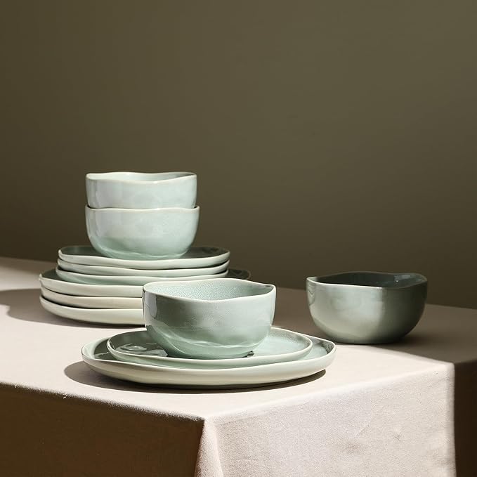 Stone Lain Mirella 24-Piece Dinnerware Set Stoneware, Plates and Bowls set, Microwave and Dishwasher Safe, Dish Set for 8, Light Green