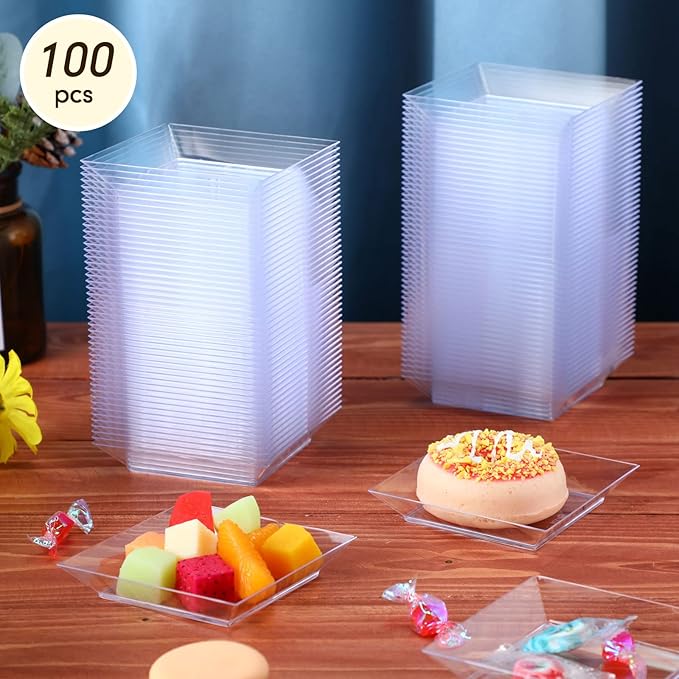 Zhehao 100 Pcs Plastic Dessert Appetizer Plates Disposable, 3.6 x 3.6 Inch Small Square Plastic Dessert Cake Plate for Party, Valentine's Day Wedding Birthday Bridal Baby Shower Supplies (Clear)