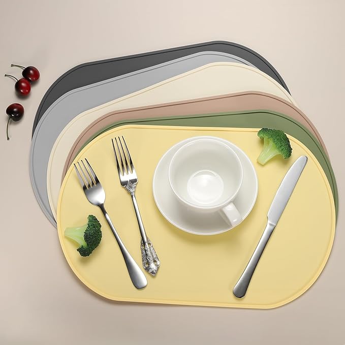 uxcell 2 Pcs Oval Silicone Placemat, 15.4" x 10.4" Non-Slip Washable Table Placemats Heat Resistant Waterproof Mat with High Edge for Table Kitchen Desk Protection, Green