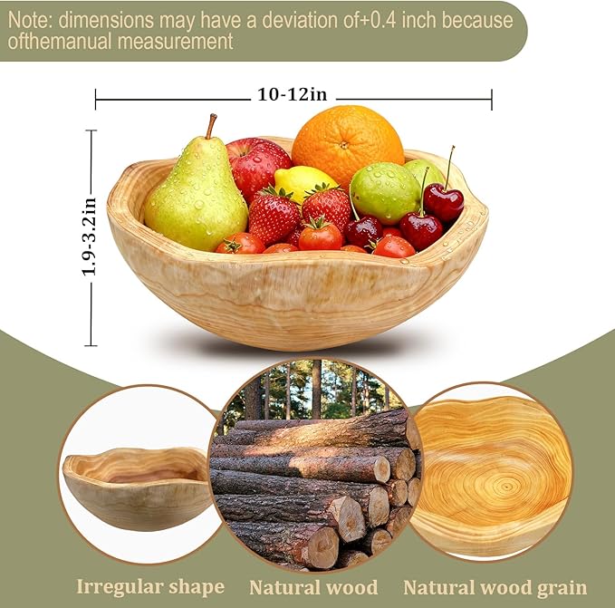 Handmade Wooden Decorative Fruit Bowl 8-10in - Irregular Wood Bowl for Kitchen Counter,Wooden Serving Bowl for Salads Snacks Keys and Home Decor (8-10in/20-24cm)