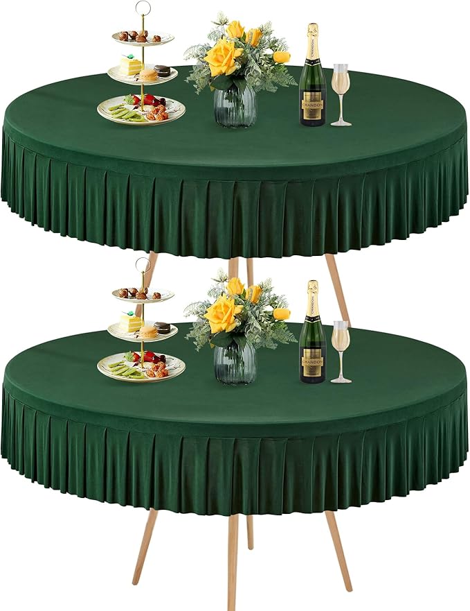 2 Pack Hunter Green Spandex Round Tablecloths for 72in Table, Stretchy Fitted 6FT Round Table Cloths, Wrinkle Free Table Cover with Skirt for Wedding Birthday Party Bridal Shower Banquet